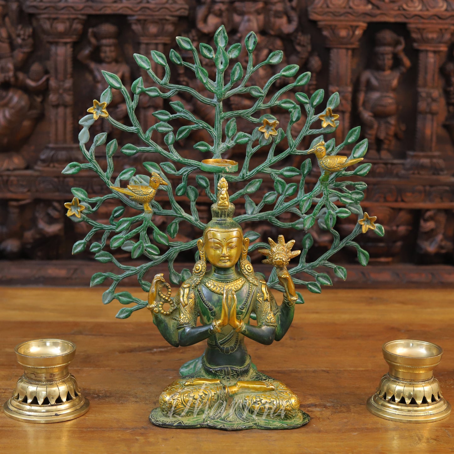 Brass Tara Statue in Dhyanasana, Green Patina with Golden Finish 10.5"