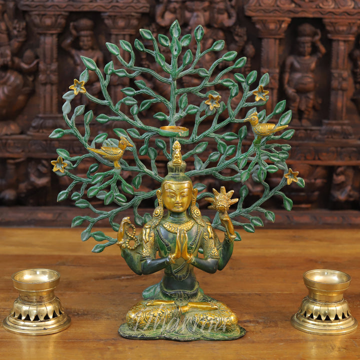 Brass Tara Statue in Dhyanasana, Green Patina with Golden Finish 10.5"