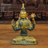 Brass Tara Statue, Seated, Green patina and Golden Finish 10.5" front view