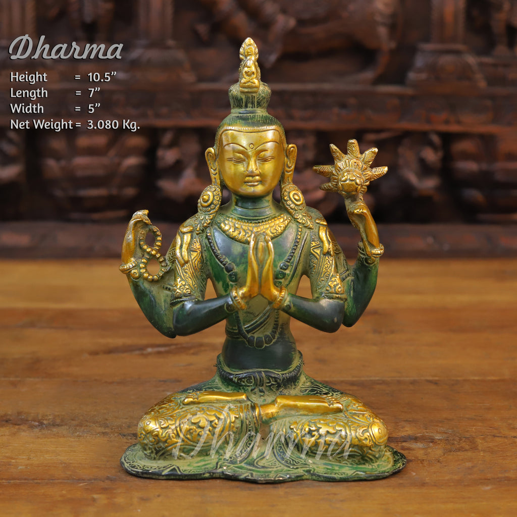 Brass Tara Statue, Seated, Green patina and Golden Finish 10.5" front view