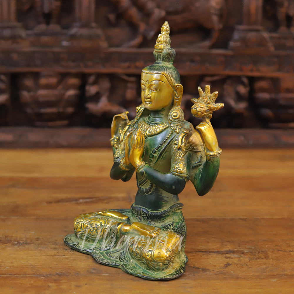 Brass Tara Statue, Seated, Green patina and Golden Finish 10.5" side view