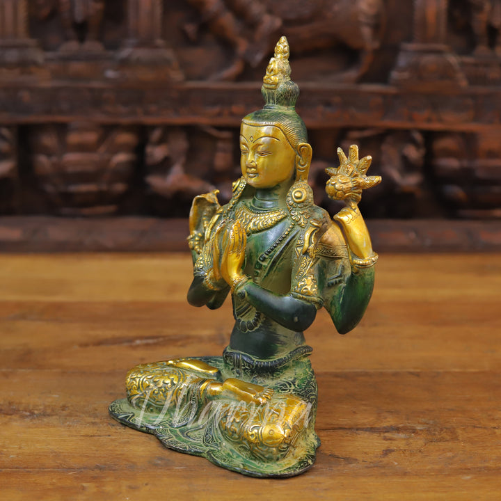 Brass Tara Statue, Seated, Green patina and Golden Finish 10.5" side view