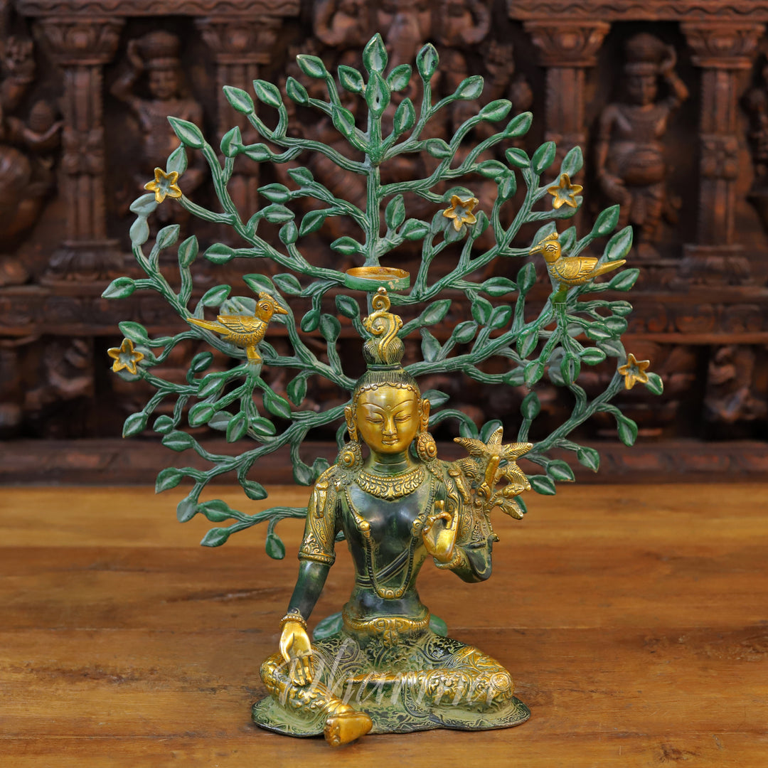 Brass Tara Statue, Sitting Under a Tree, Green Patina with Golden Finish 11"