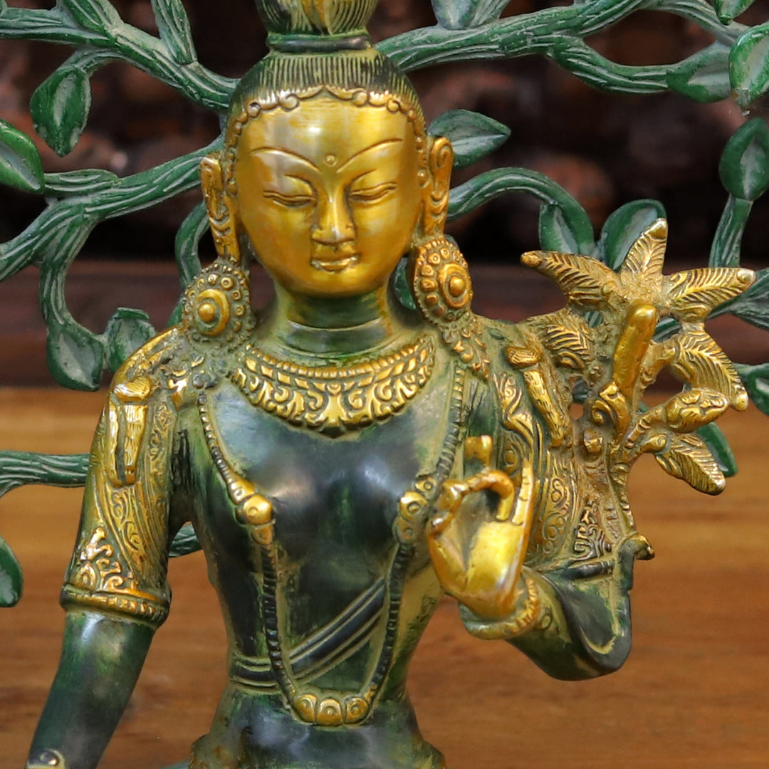 Brass Tara Statue, Seated Under a Tree, Green patina and Golden Finish 11"