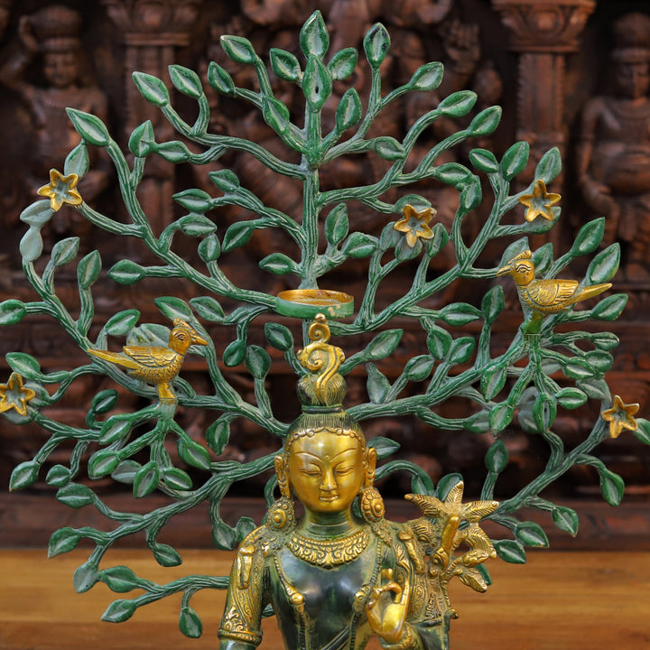 Brass Tara Statue, Sitting Under a Tree, Green Patina with Golden Finish 11"