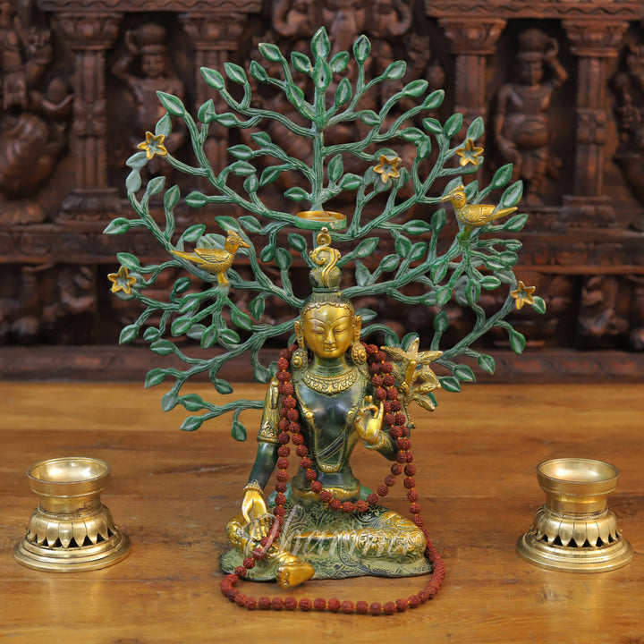 Brass Tara Statue, Seated Under a Tree, Green patina and Golden Finish 11"