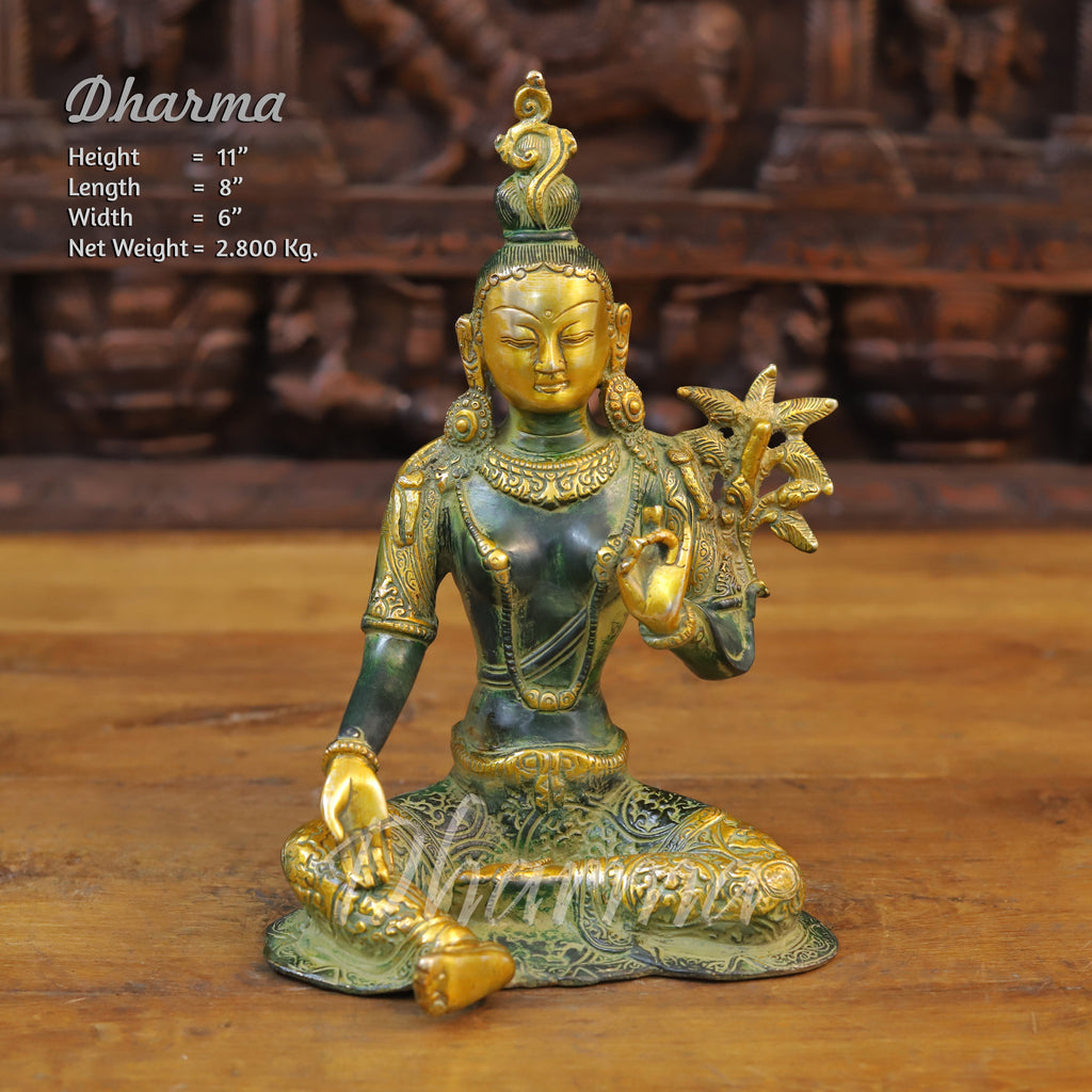 Brass Tara Statue, Seated Under a Tree, Green patina and Golden Finish 11" front view