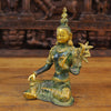 Brass Tara Statue, Seated Under a Tree, Green patina and Golden Finish 11" side view