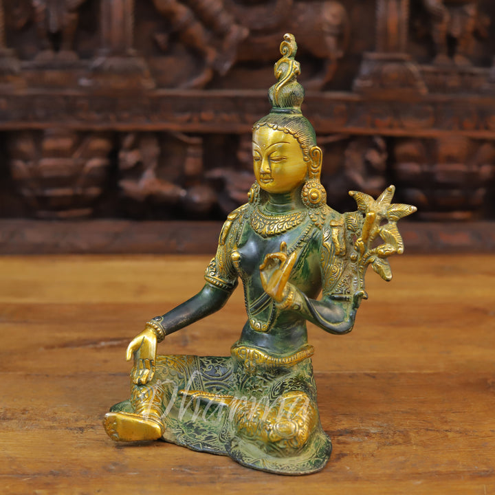 Brass Tara Statue, Seated Under a Tree, Green patina and Golden Finish 11" side view