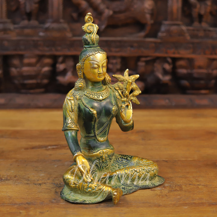 Brass Tara Statue, Seated Under a Tree, Green patina and Golden Finish 11" side view