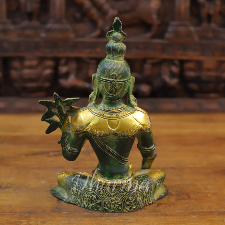 Brass Tara Statue, Seated Under a Tree, Green patina and Golden Finish 11" back view