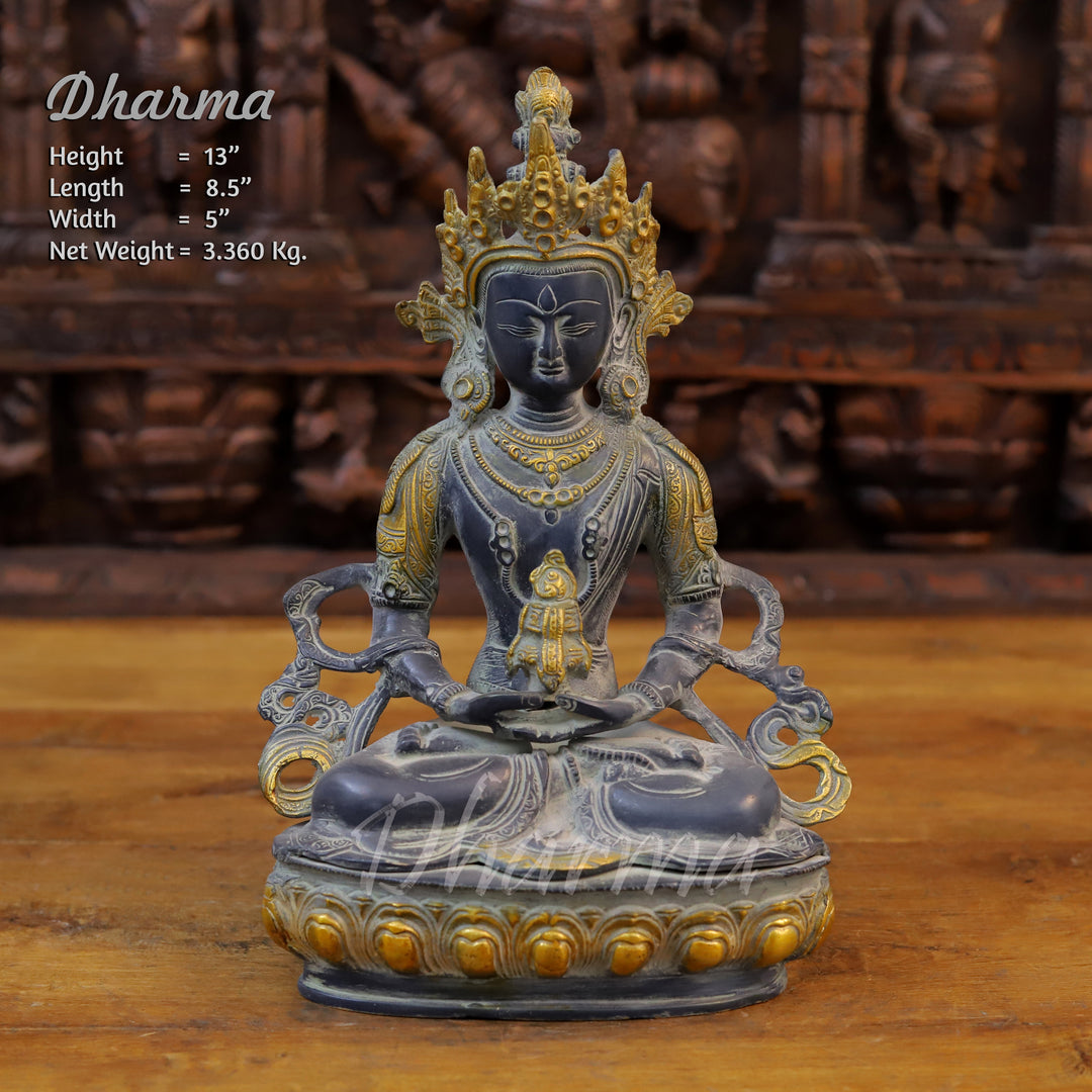 Brass Tara Idol, Seated, Black patina and Golden Finish 13" front view