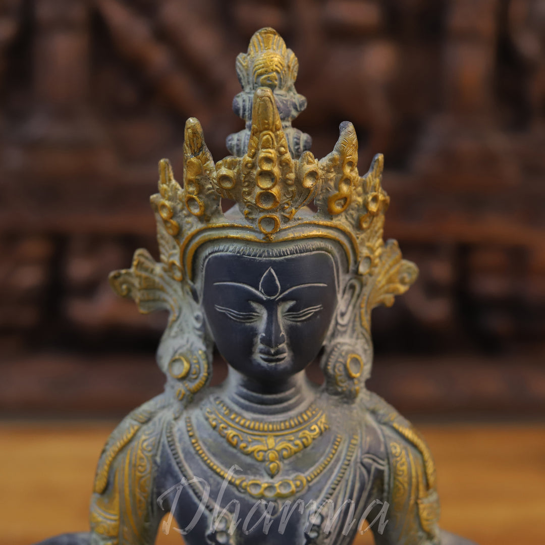 Brass Tara Idol, Seated, Black patina and Golden Finish 13"