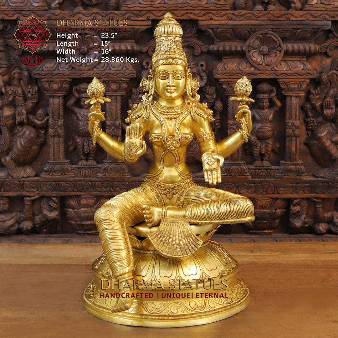 Brass Goddess Lakshmi Idol, Seated on Lotus, Fine Golden Work 23.5"