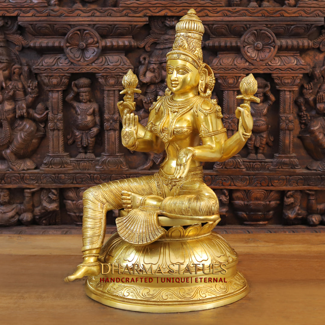 Brass Goddess Lakshmi Idol, Seated on Lotus, Fine Golden Work 23.5"