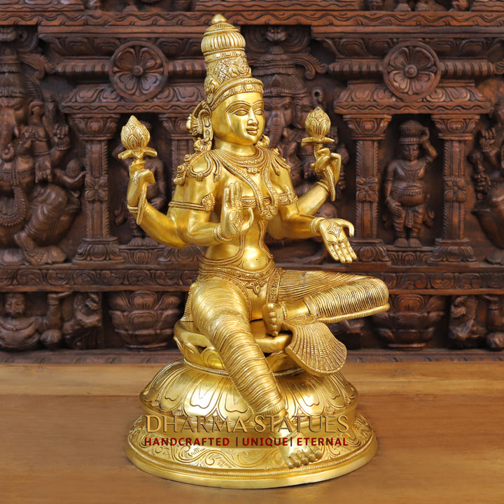 Brass Goddess Lakshmi Idol, Seated on Lotus, Fine Golden Work 23.5"