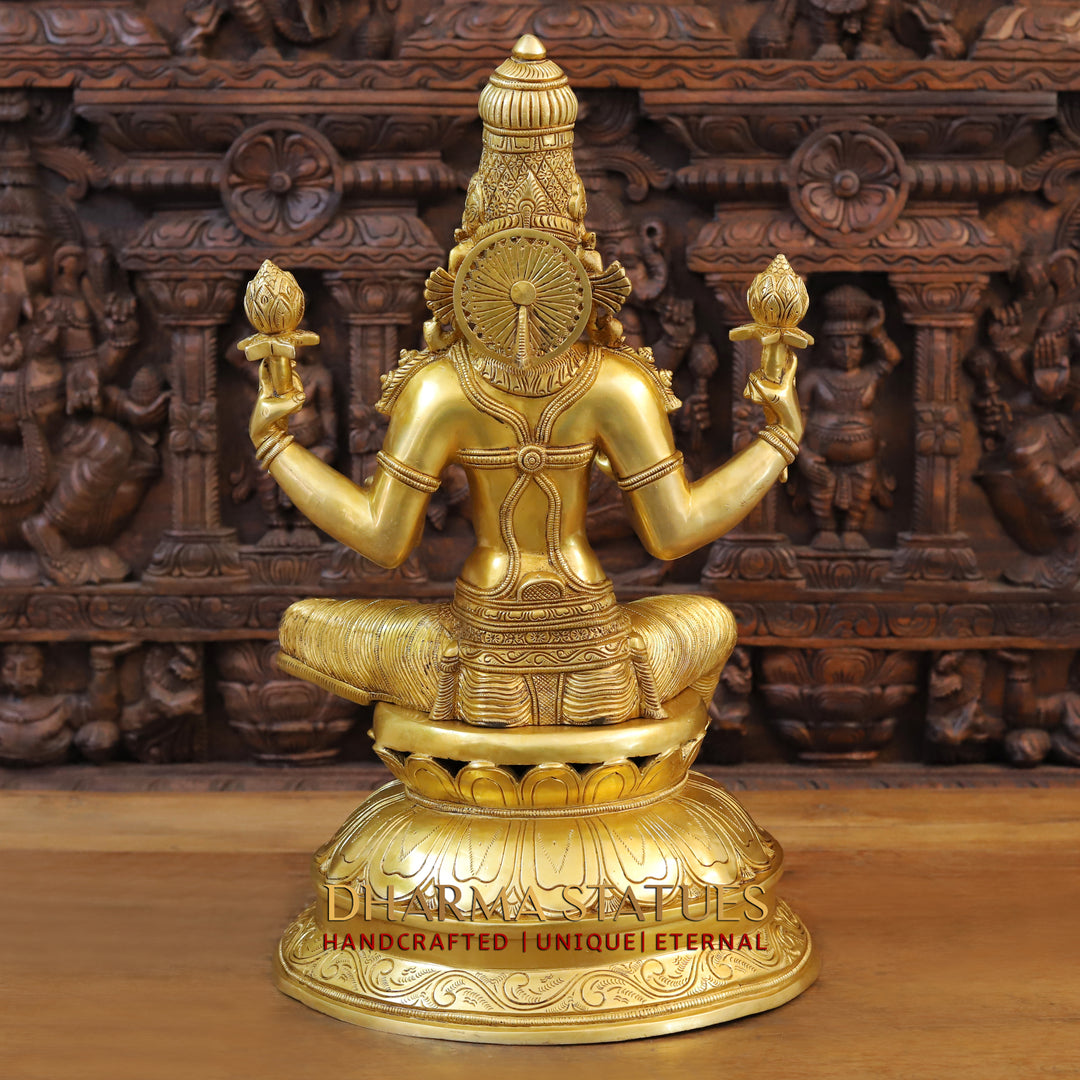 Brass Goddess Lakshmi Idol, Seated on Lotus, Fine Golden Work 23.5"