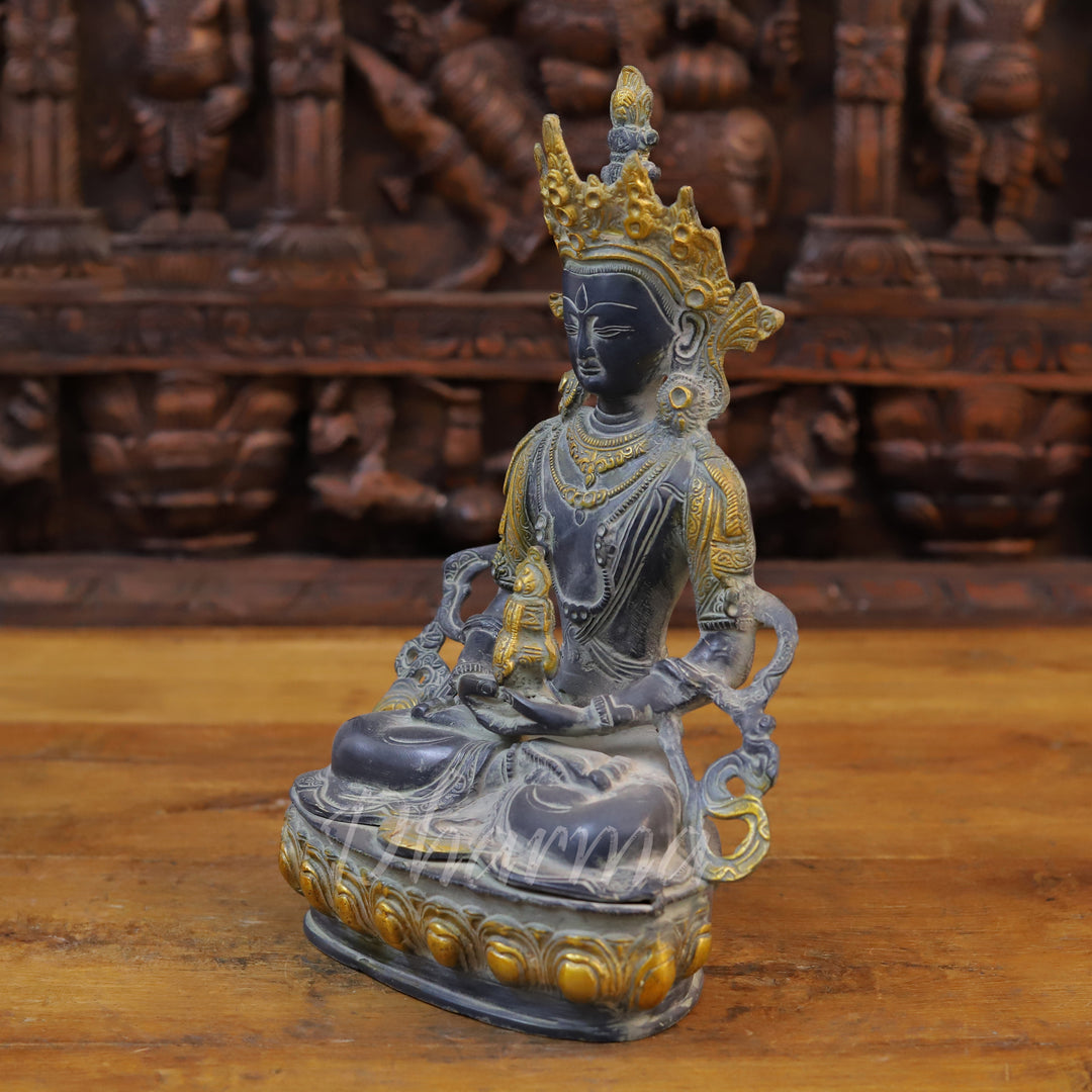 Brass Tara Idol, Seated, Black patina and Golden Finish 13" side view