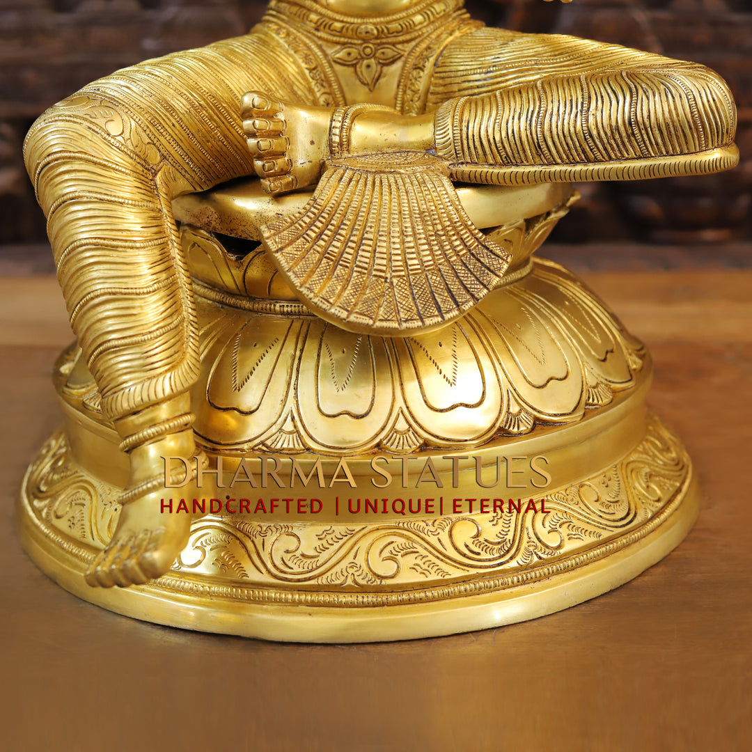 Brass Goddess Lakshmi Idol, Seated on Lotus, Fine Golden Work 23.5"