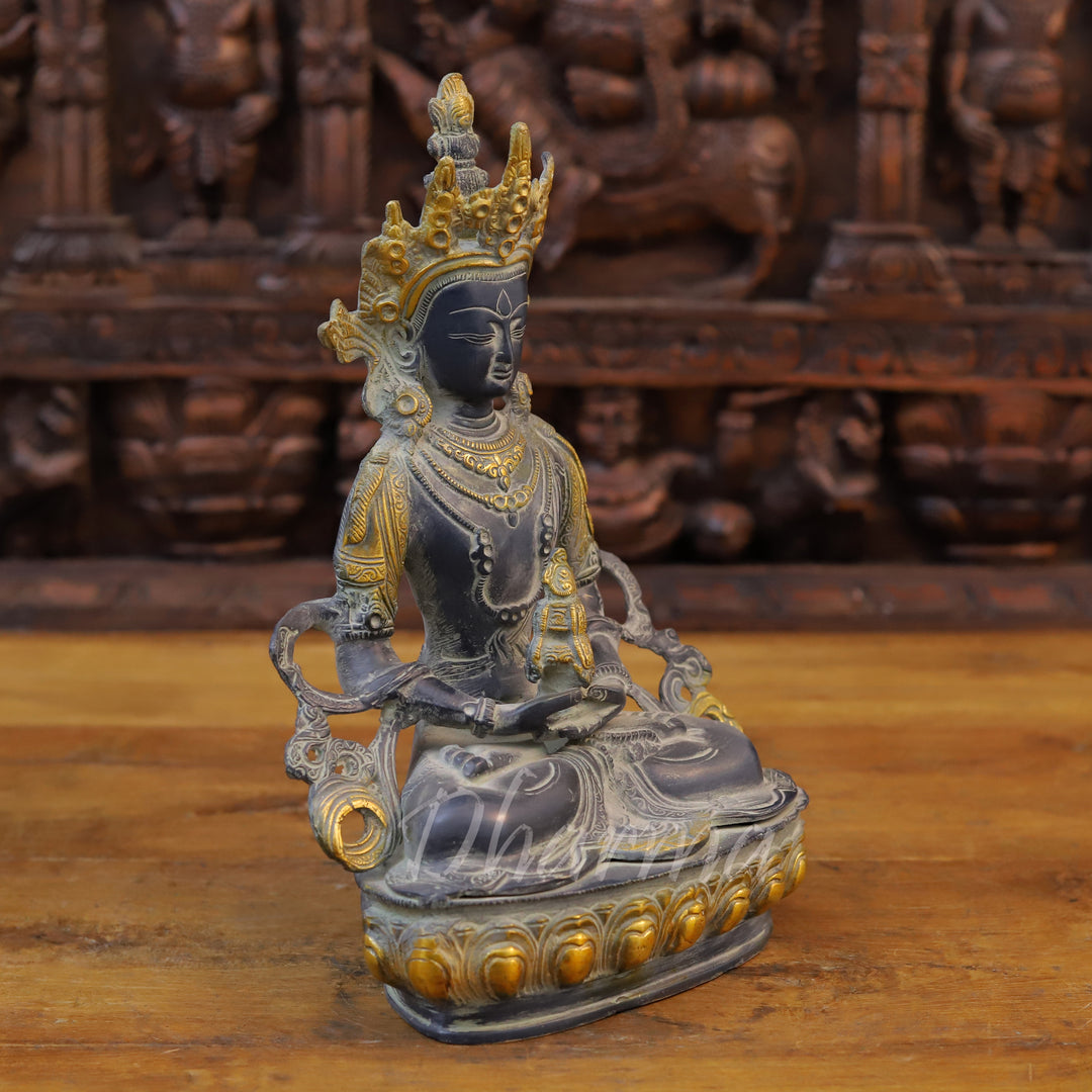 Brass Tara Idol, Seated, Black patina and Golden Finish 13" side view