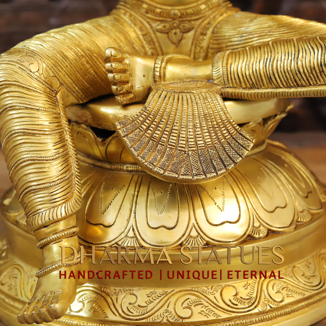 Brass Goddess Lakshmi Idol, Seated on Lotus, Fine Golden Work 23.5"