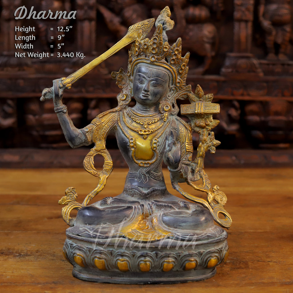 Brass Tara Idol, Seated on a Lotus, Holding a Sword, Black patina & Golden 12.5" front view