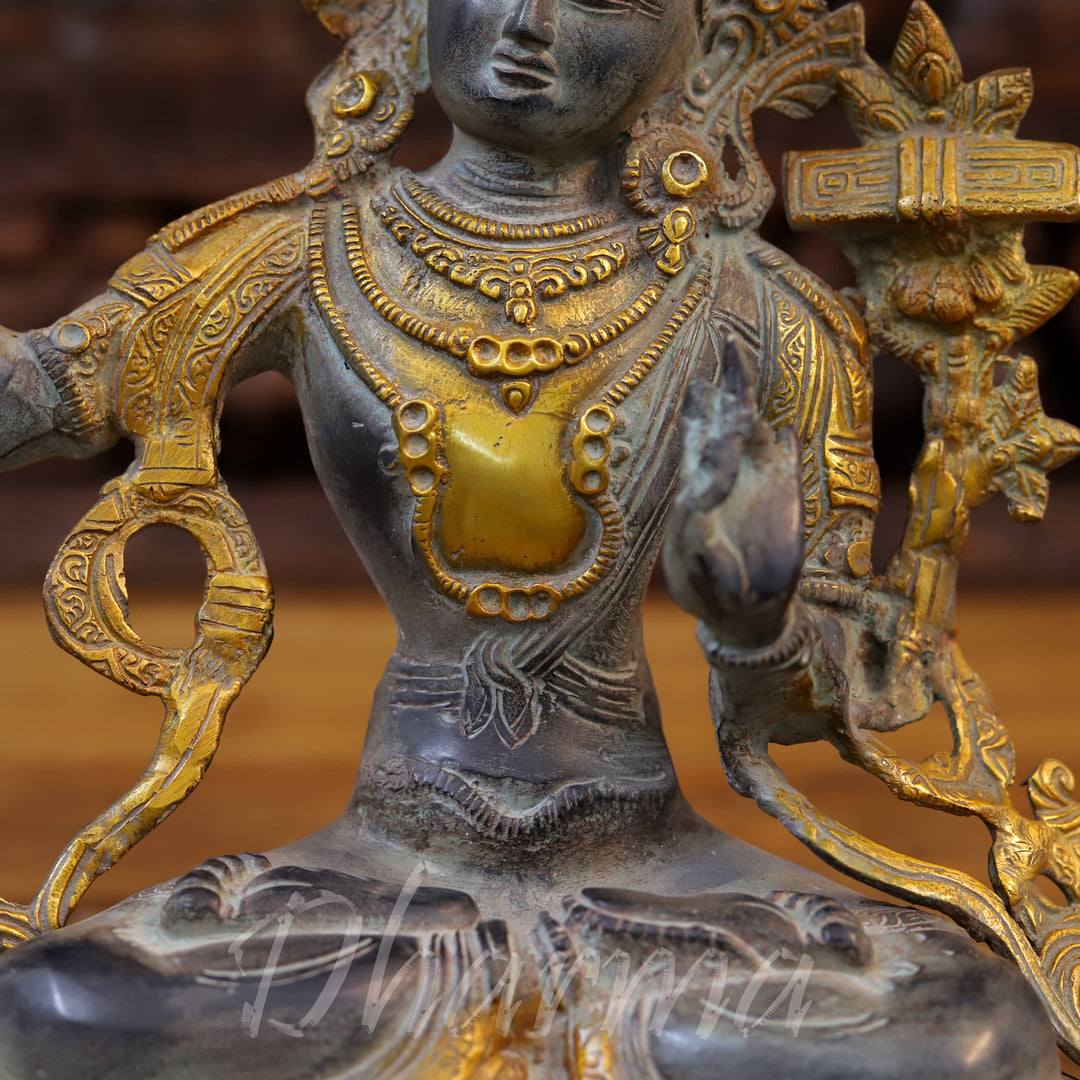 Brass Tara Idol, Seated on a Lotus, Holding a Sword, Black patina & Golden 12.5"