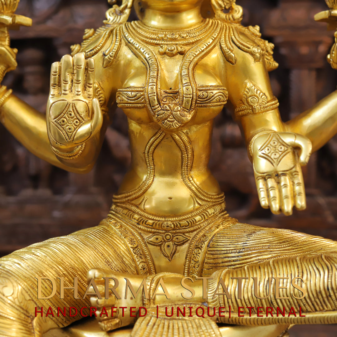 Brass Goddess Lakshmi Idol, Seated on Lotus, Fine Golden Work 23.5"