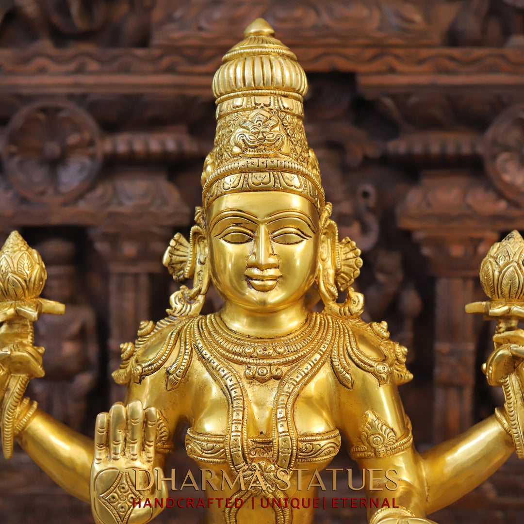 Brass Goddess Lakshmi Idol, Seated on Lotus, Fine Golden Work 23.5"