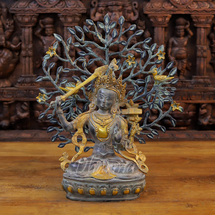 Brass Tara Idol, Seated on a Lotus, Holding a Sword, Black patina & Golden 12.5"