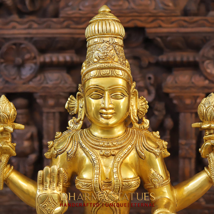 Brass Goddess Lakshmi Idol, Seated on Lotus, Fine Golden Work 23.5"