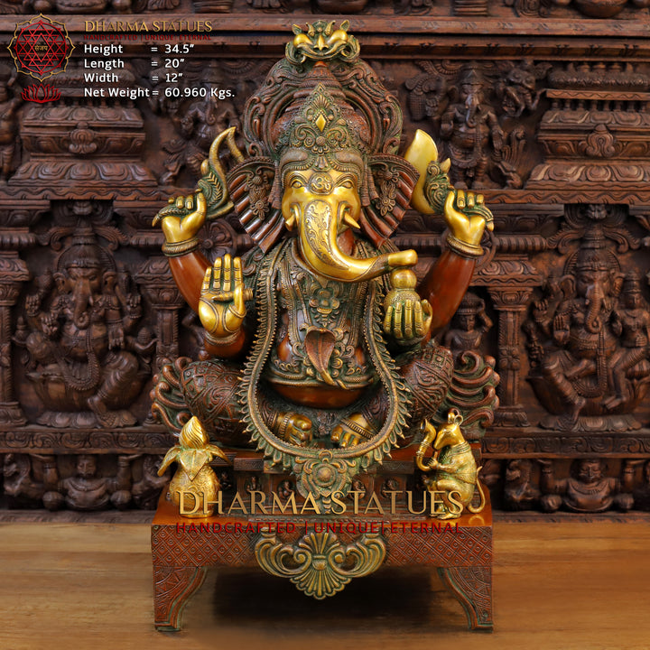 Brass Ganesha Idol, Seated in a Blessing Pose, Golden and Copper Finish 34.5"