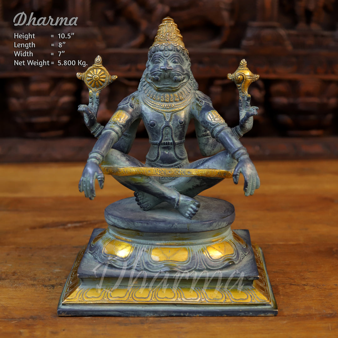 Brass Yog Narshima Idol, Black patina and Golden Finish 10.5" front view