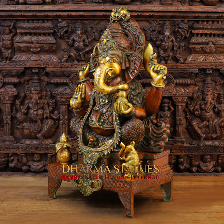 Brass Ganesh Seated on Chowki Base With Kalash and Musical Rat, Golden and Copper Finish 34.5"