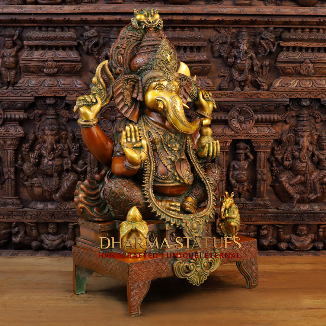 Brass Ganesh Seated on Chowki Base With Kalash and Musical Rat, Golden and Copper Finish 34.5"