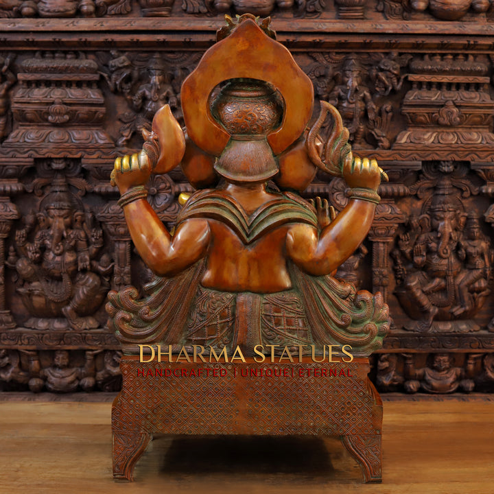 Brass Ganesh Seated on Chowki Base With Kalash and Musical Rat, Golden and Copper Finish 34.5"