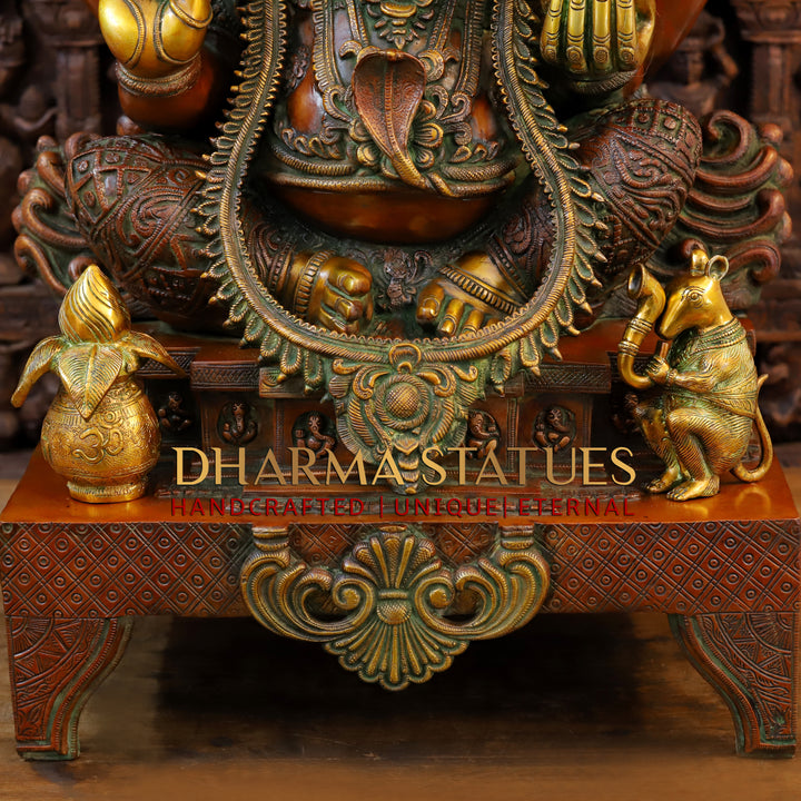 Brass Ganesh Seated on Chowki Base With Kalash and Musical Rat, Golden and Copper Finish 34.5"