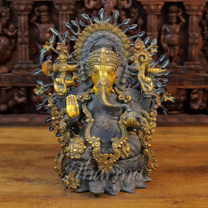 Brass Ganesh Statue, Seated on a Lotus, Black Patina & Golden Finish 16"