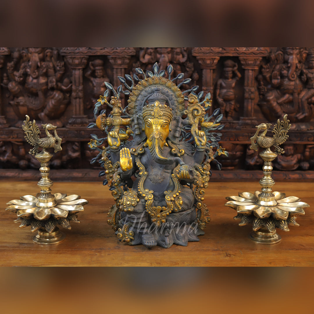 Brass Ganesh Statue, Seated on a Lotus, Black Patina & Golden Finish 16"