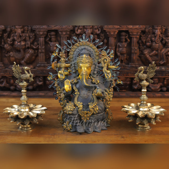 Brass Ganesh Statue, Seated on a Lotus, Black Patina & Golden Finish 16"