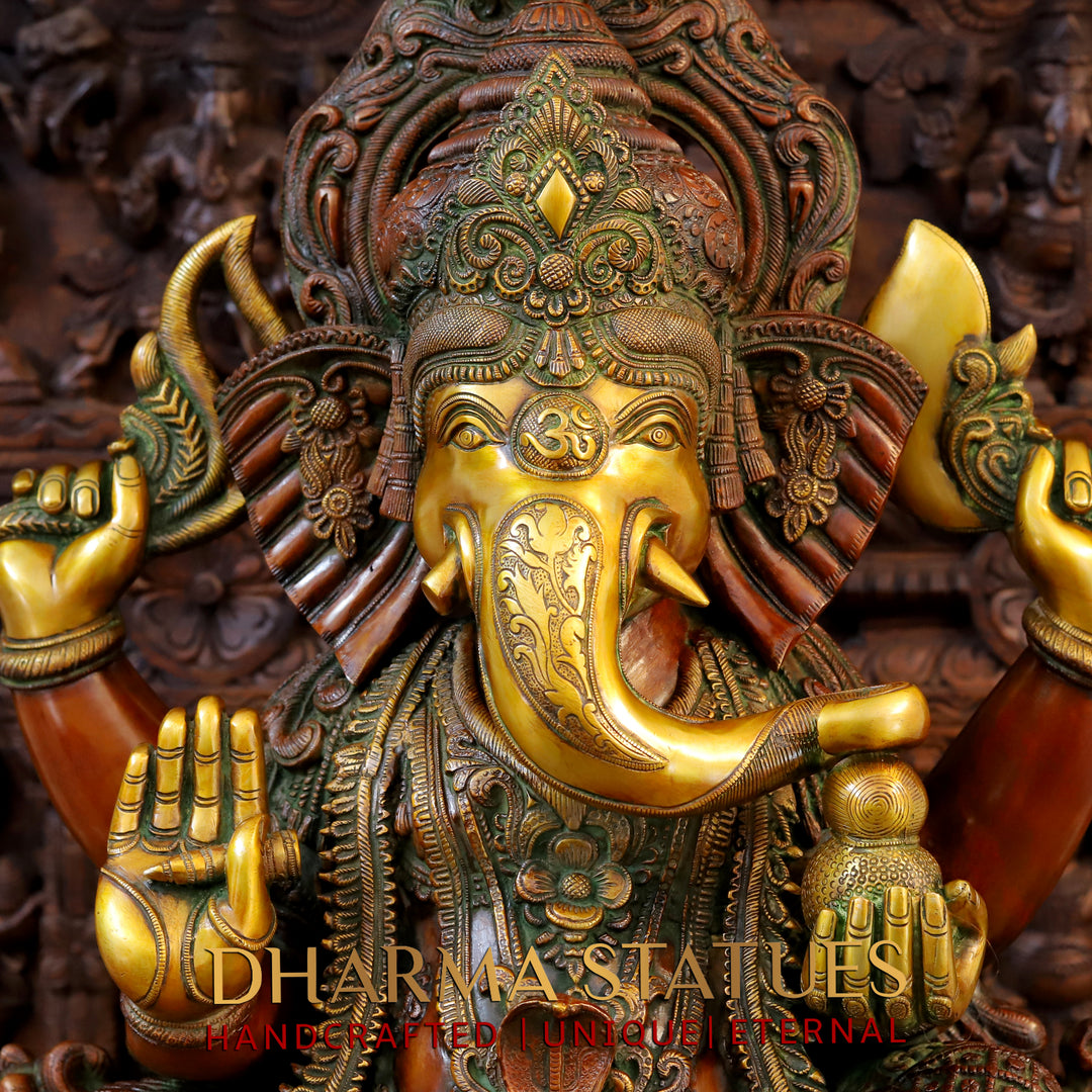 Brass Ganesh Seated on Chowki Base With Kalash and Musical Rat, Golden and Copper Finish 34.5"