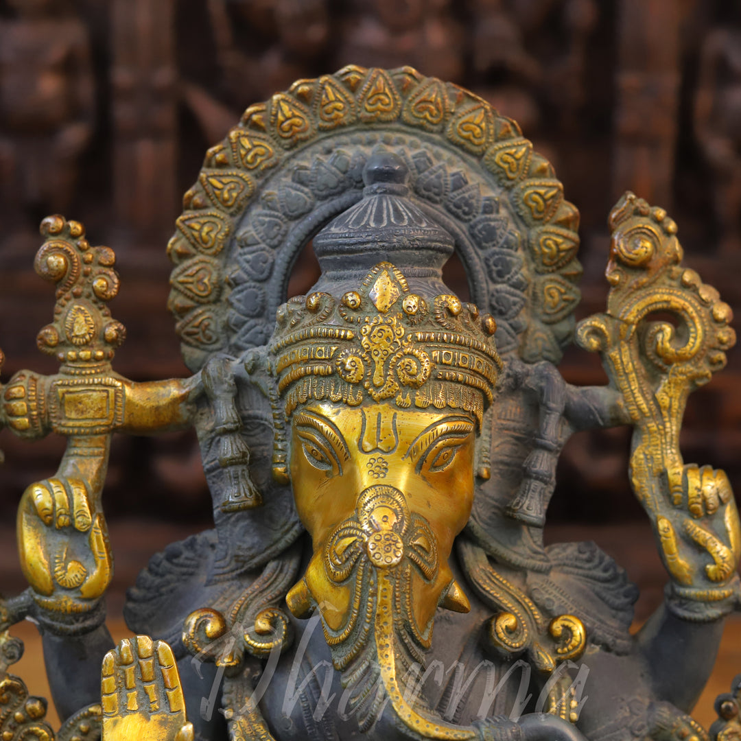 Brass Ganesh Statue, Seated on a Lotus, Black Patina & Golden Finish 16"