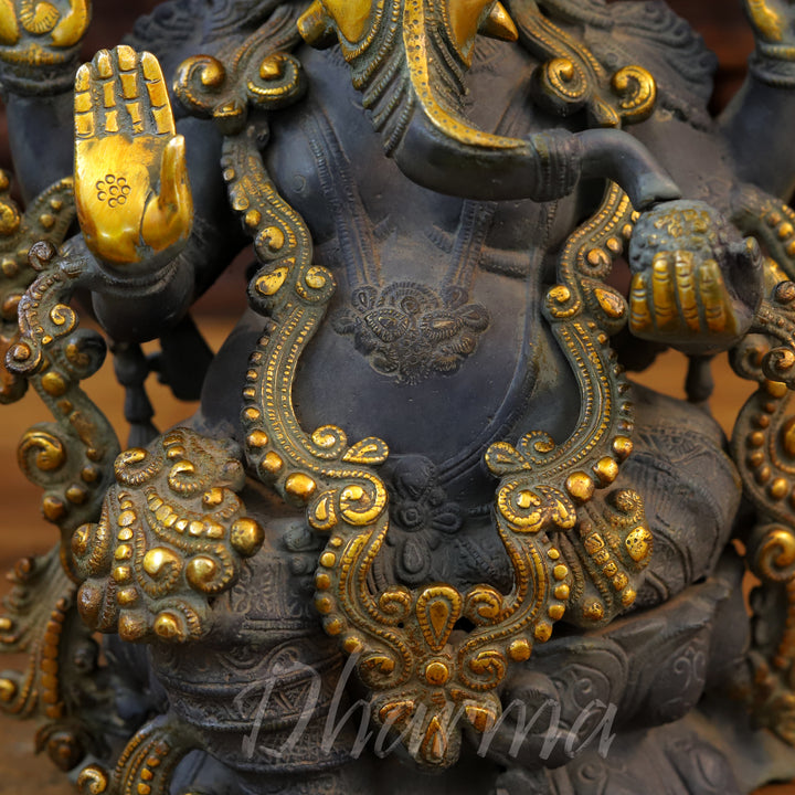 Brass Ganesh Statue, Seated on a Lotus, Black Patina & Golden Finish 16"