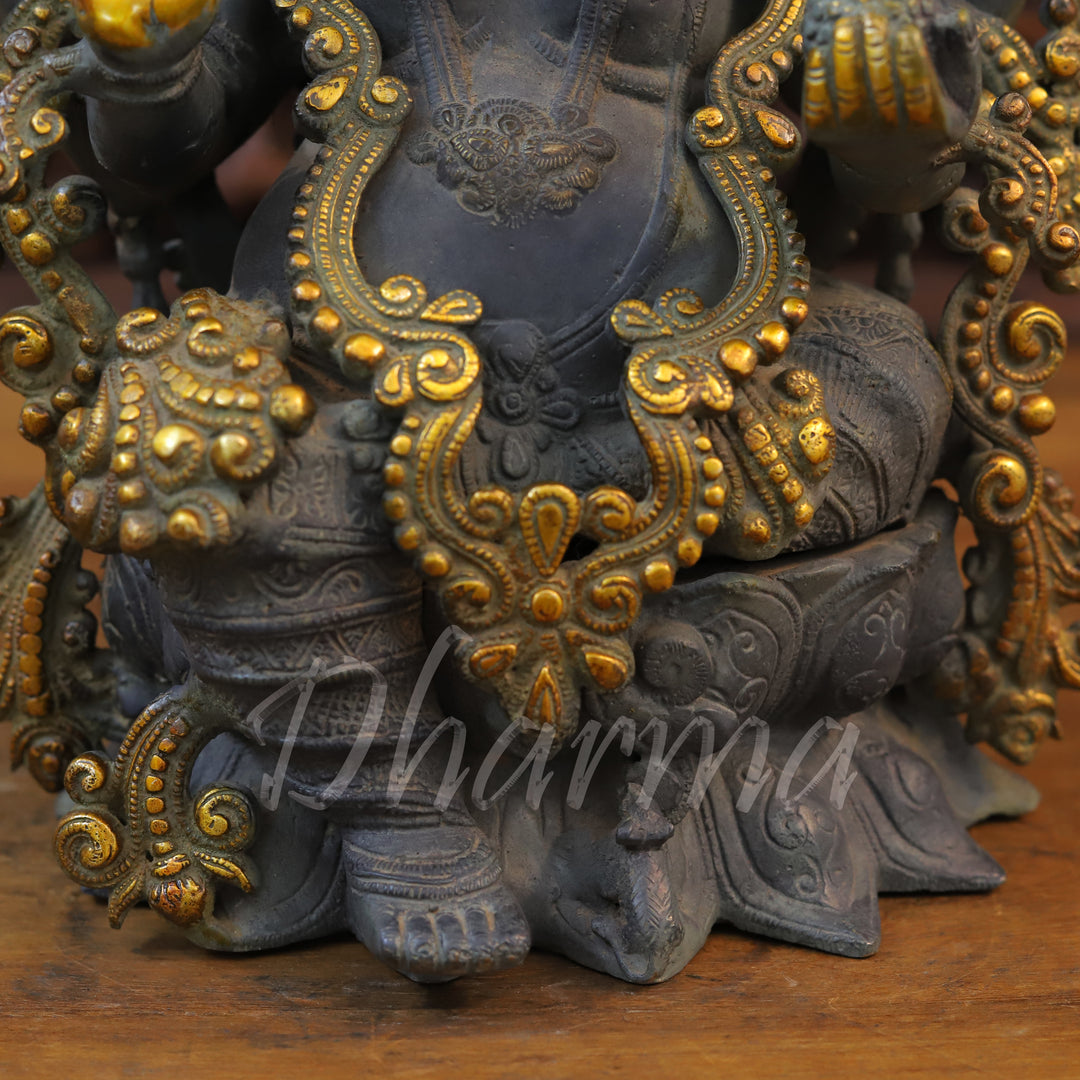 Brass Ganesh Statue, Seated on a Lotus, Black Patina & Golden Finish 16"