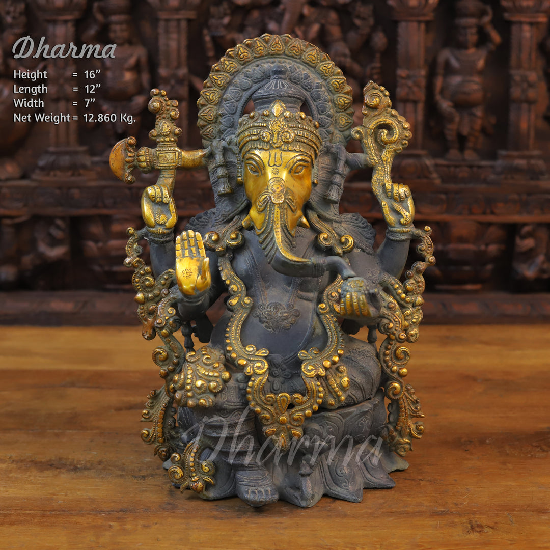 Brass Ganesh Statue, Seated on a Lotus, Black Patina & Golden Finish 16" front view