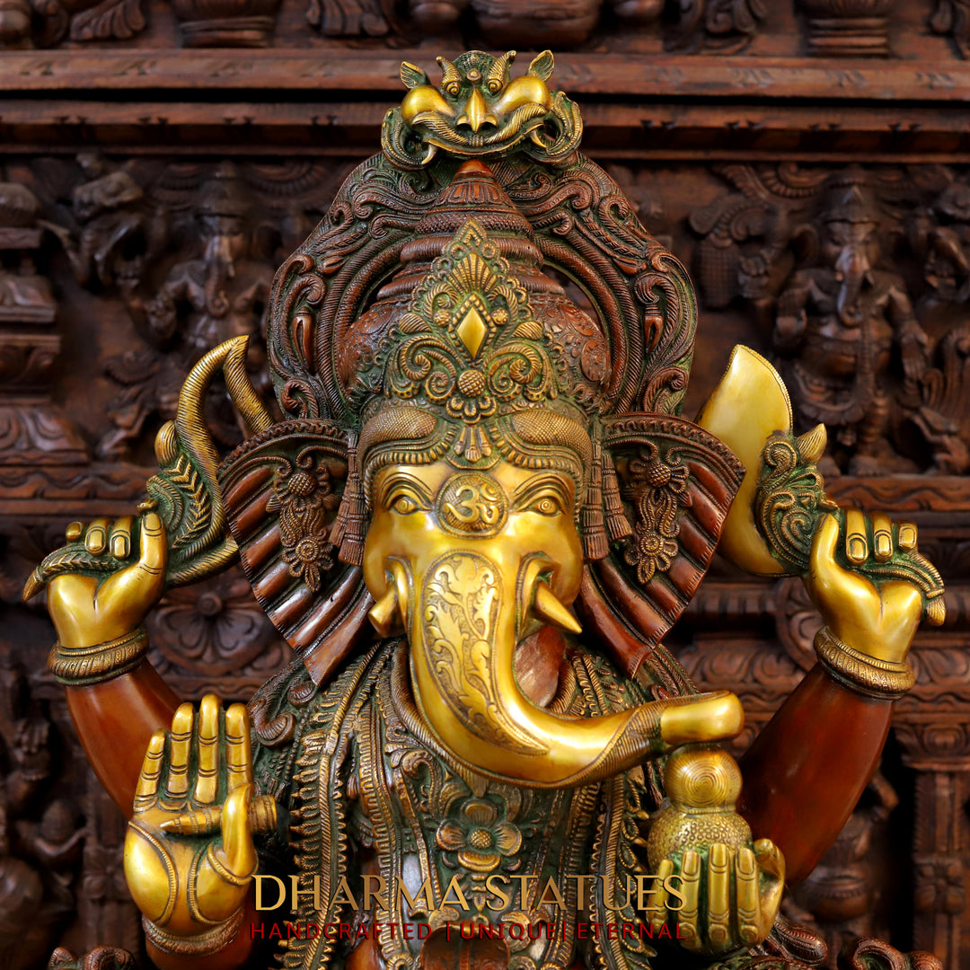 Brass Ganesh Seated on Chowki Base With Kalash and Musical Rat, Golden and Copper Finish 34.5"