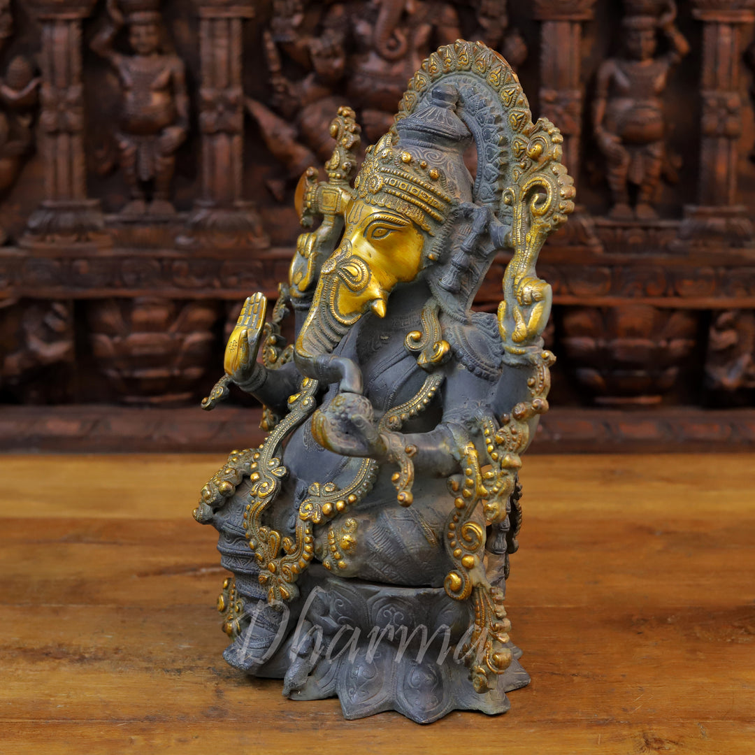 Brass Ganesh Statue, Seated on a Lotus, Black Patina & Golden Finish 16" side view