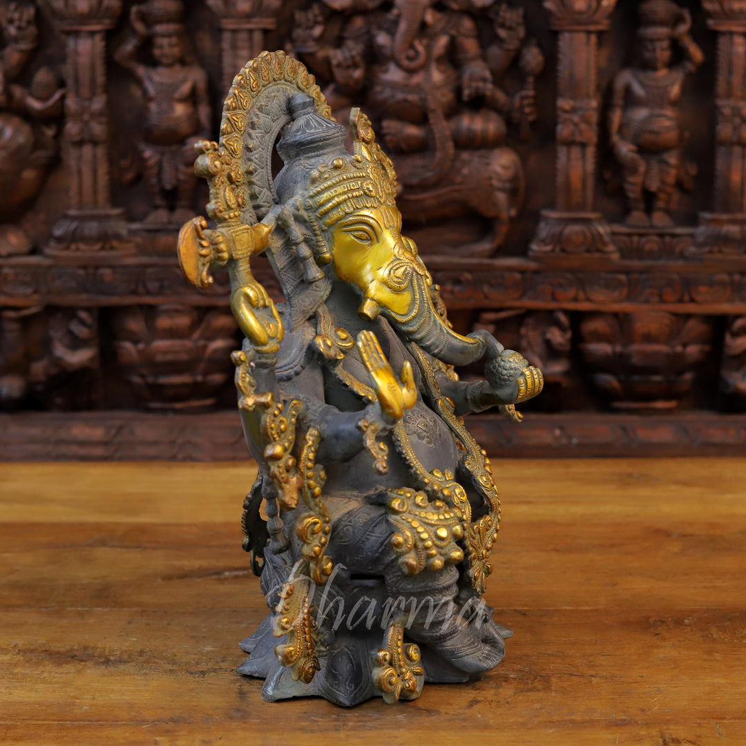 Brass Ganesh Statue, Seated on a Lotus, Black Patina & Golden Finish 16" side view