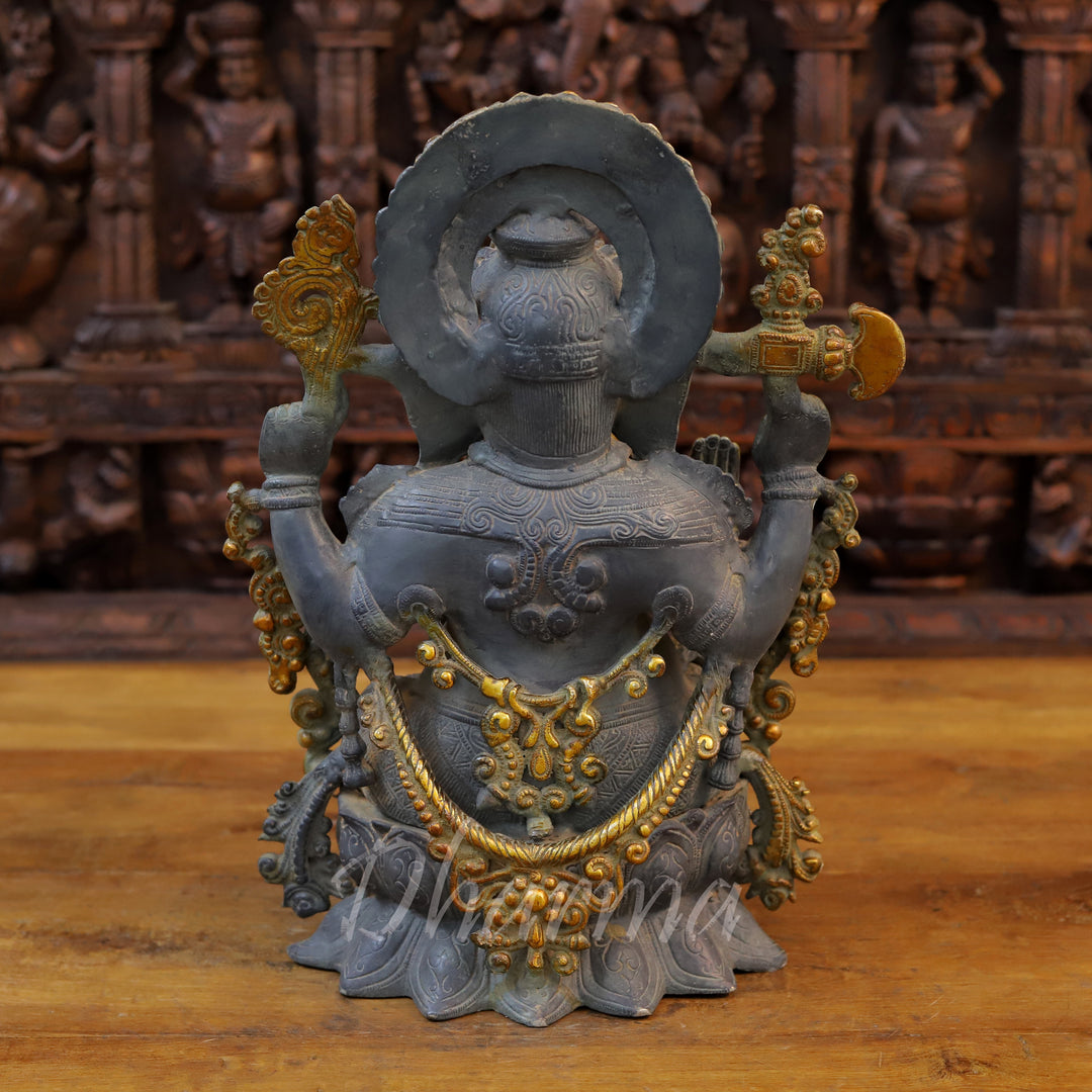 Brass Ganesh Statue, Seated on a Lotus, Black Patina & Golden Finish 16" back view