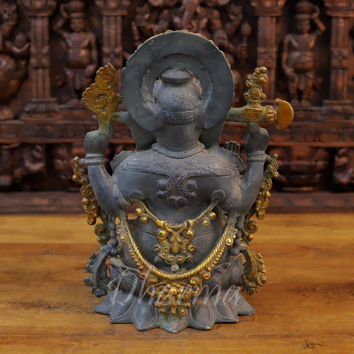 Brass Ganesh Statue, Seated on a Lotus, Black Patina & Golden Finish 16" back view